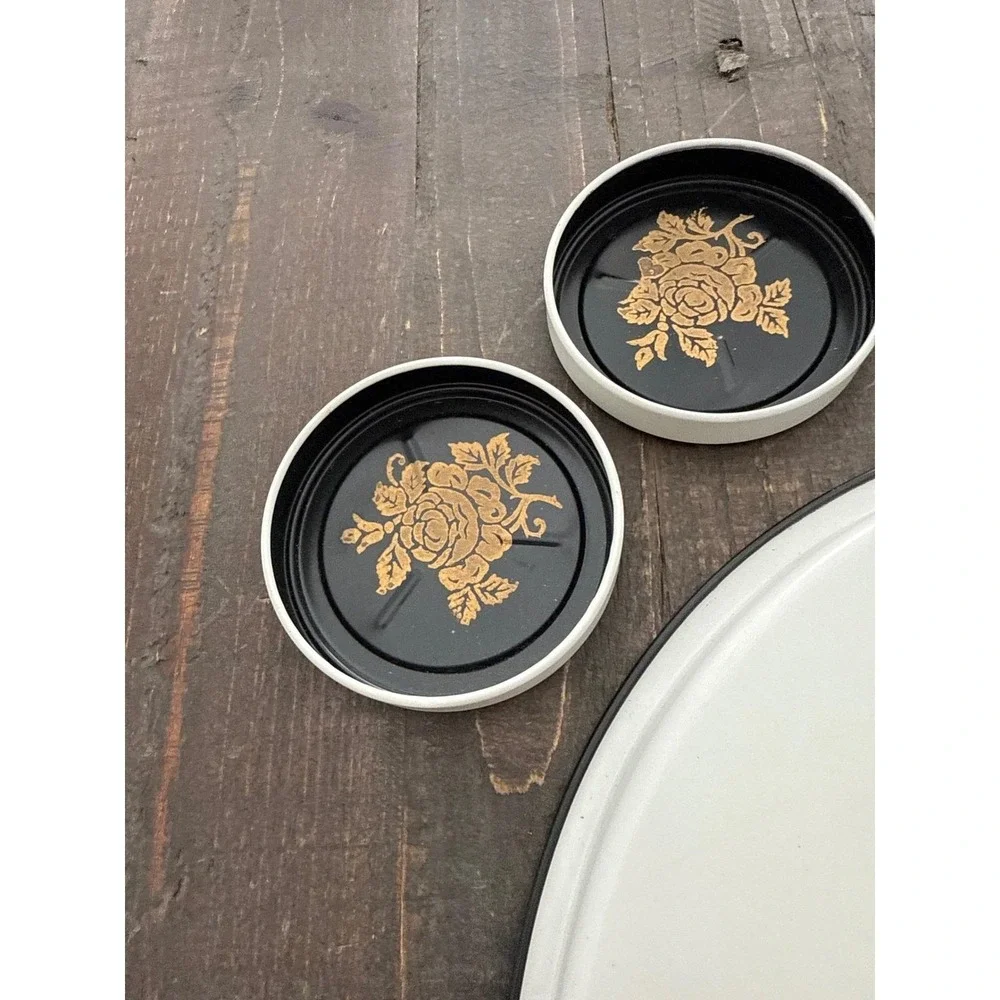 Vintage Toleware 9 Piece MCM Beverage Set Tray & Coasters Black and Gold Rose US